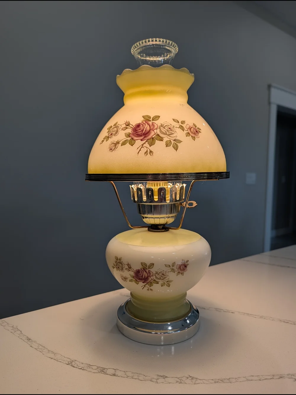 Vintage Gone With the Wind Hurricane Lamp Rose Floral Frosted Milk Glass Works